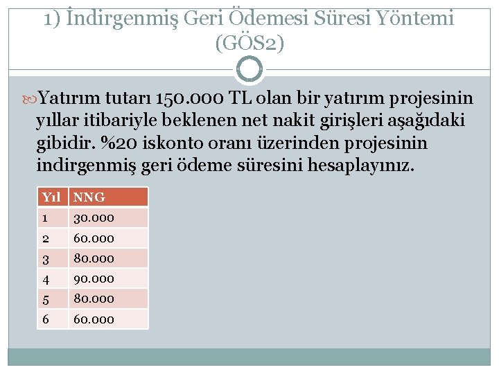 1) İndirgenmiş Geri Ödemesi Süresi Yöntemi (GÖS 2) Yatırım tutarı 150. 000 TL olan