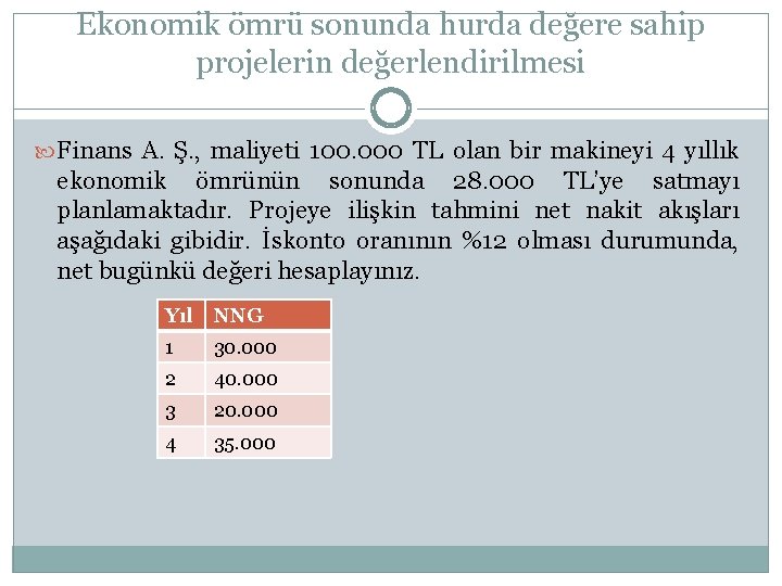 Ekonomik ömrü sonunda hurda değere sahip projelerin değerlendirilmesi Finans A. Ş. , maliyeti 100.