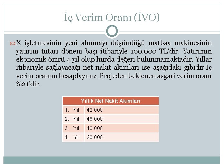 İç Verim Oranı (İVO) X işletmesinin yeni alınmayı düşündüğü matbaa makinesinin yatırım tutarı dönem