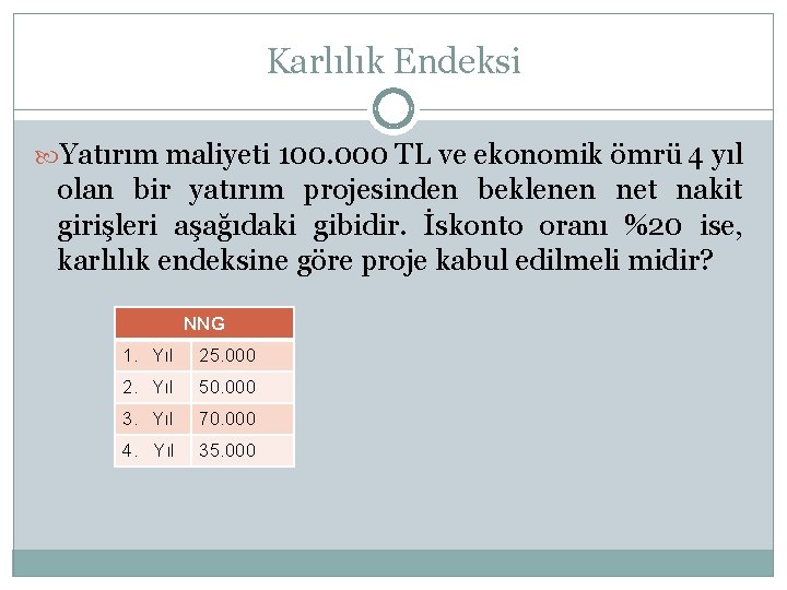 Karlılık Endeksi Yatırım maliyeti 100. 000 TL ve ekonomik ömrü 4 yıl olan bir
