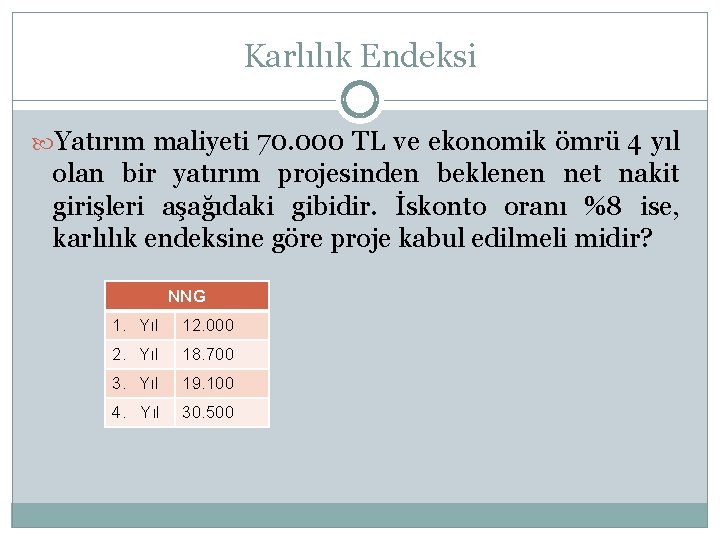 Karlılık Endeksi Yatırım maliyeti 70. 000 TL ve ekonomik ömrü 4 yıl olan bir