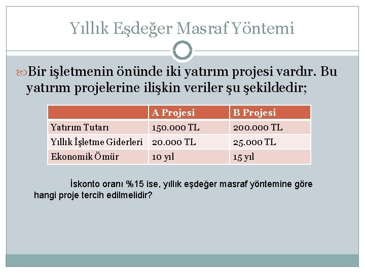 Yıllık Eşdeğer Masraf Yöntemi Bir işletmenin önünde iki yatırım projesi vardır. Bu yatırım projelerine
