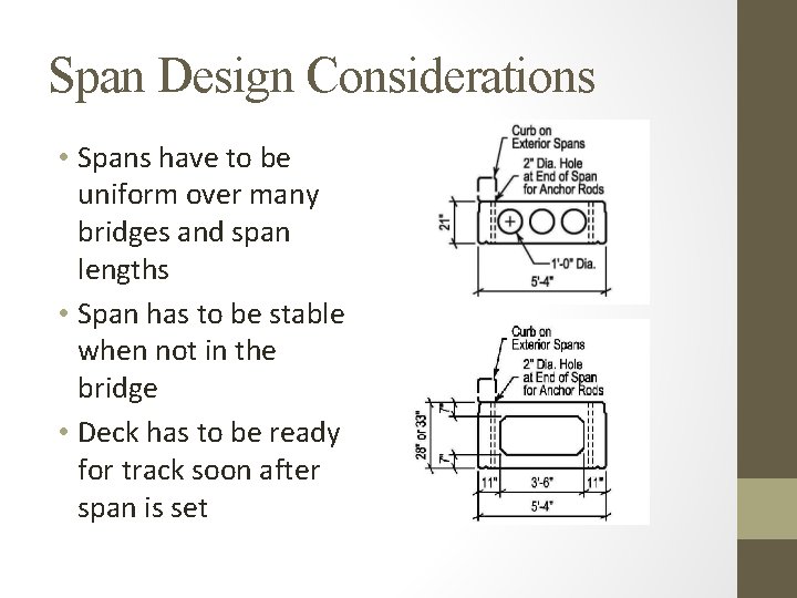Span Design Considerations • Spans have to be uniform over many bridges and span