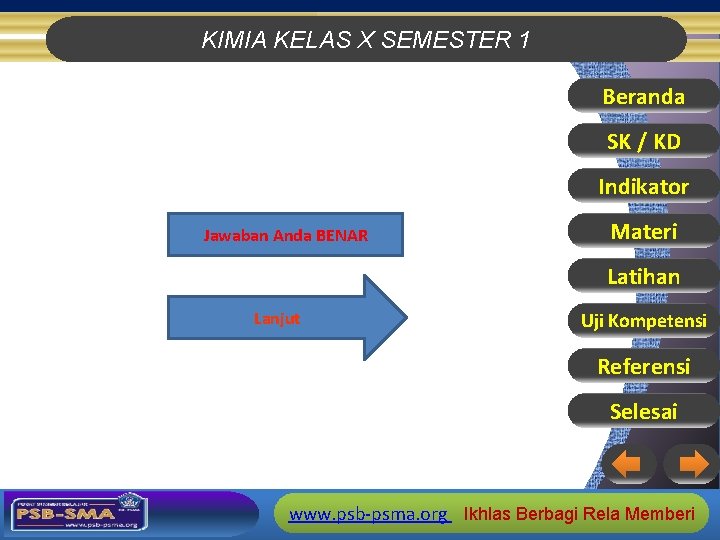 KIMIA KELAS X SEMESTER 1 Beranda SK / KD Indikator Jawaban Anda BENAR Materi