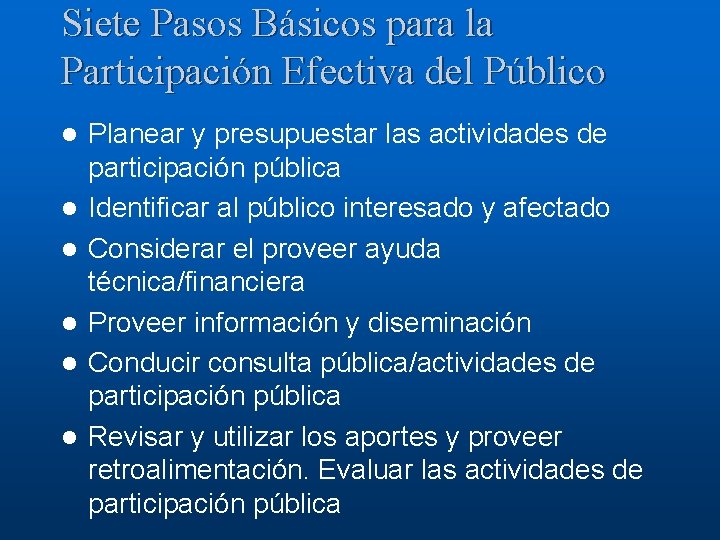 Siete Pasos Básicos para la Participación Efectiva del Público l l l Planear y