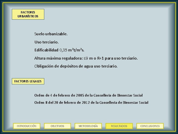 FACTORES URBANÍSTICOS Suelo urbanizable. Uso terciario. Edificabilidad 0, 35 m²t/m²s. Altura máxima reguladora: ≤