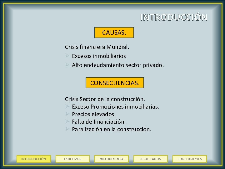 INTRODUCCIÓN CAUSAS. Crisis financiera Mundial. Ø Excesos inmobiliarios Ø Alto endeudamiento sector privado. CONSECUENCIAS.