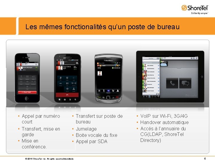 Les mêmes fonctionalités qu’un poste de bureau • Appel par numéro court • Transfert,