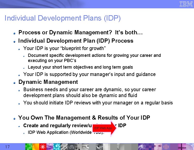 Individual Development Plans (IDP) Process or Dynamic Management? It’s both… Individual Development Plan (IDP)