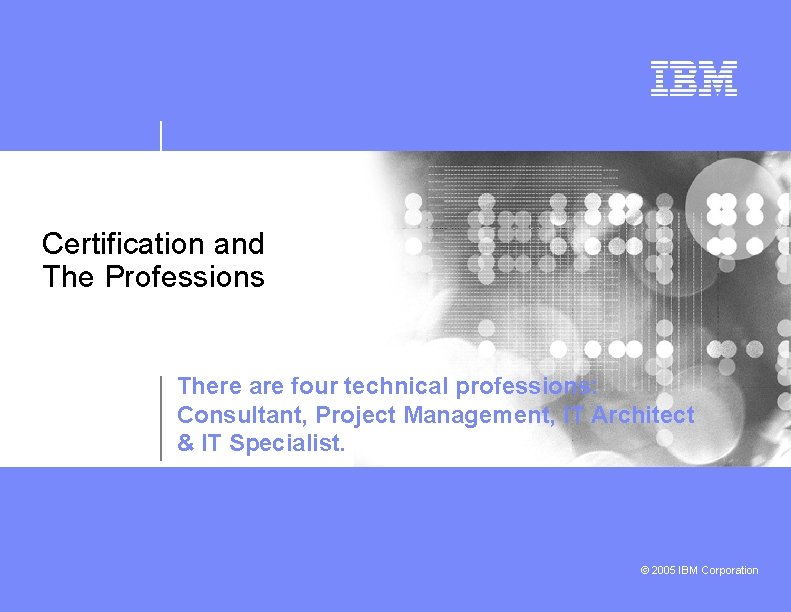 Certification and The Professions There are four technical professions: Consultant, Project Management, IT Architect