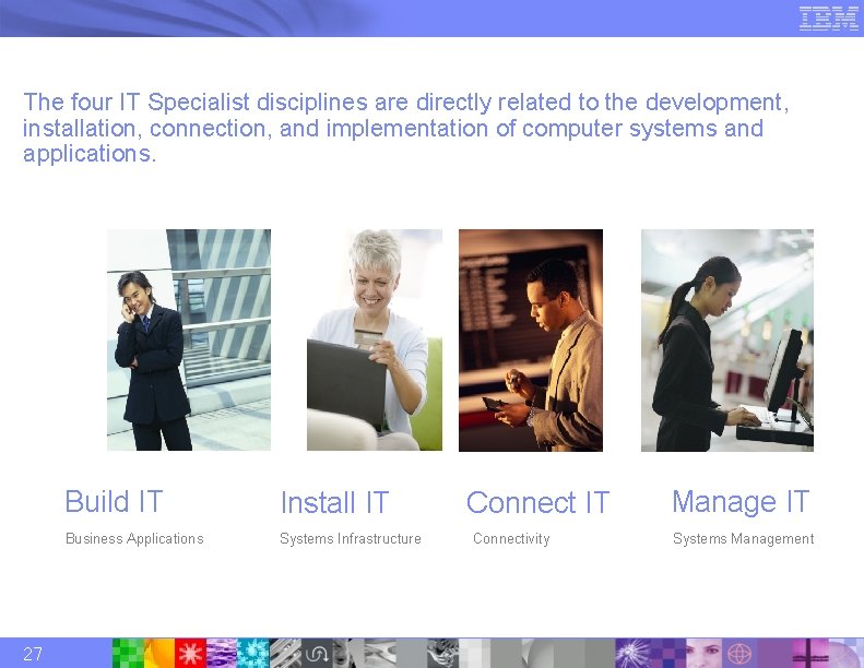 The four IT Specialist disciplines are directly related to the development, installation, connection, and