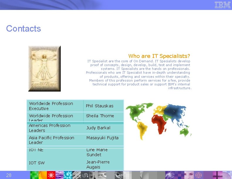 Contacts Who are IT Specialists? IT Specialist are the core of On Demand. IT