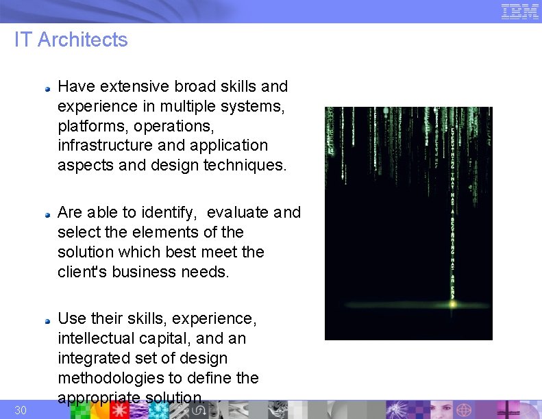 IT Architects Have extensive broad skills and experience in multiple systems, platforms, operations, infrastructure