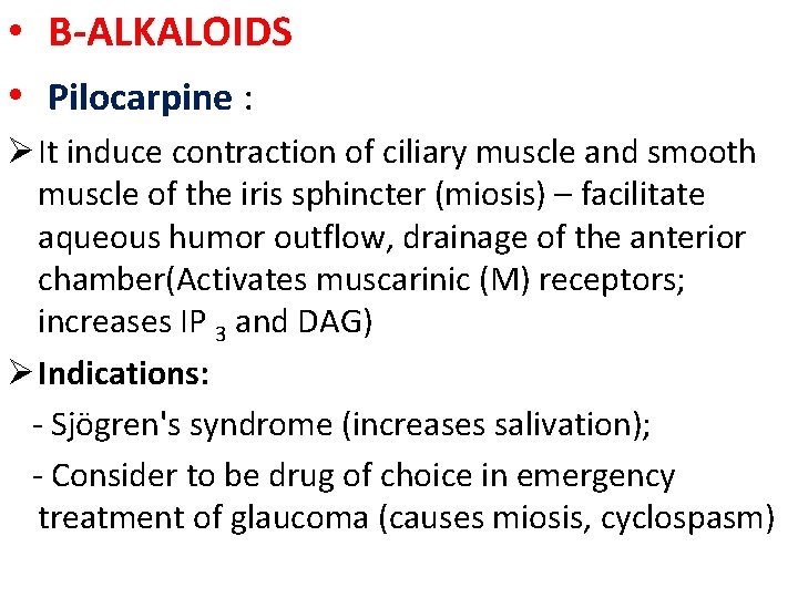  • B-ALKALOIDS • Pilocarpine : Ø It induce contraction of ciliary muscle and