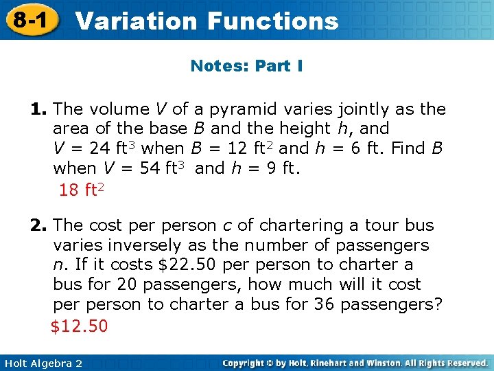 8 -1 Variation Functions Notes: Part I 1. The volume V of a pyramid