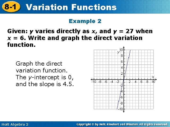8 -1 Variation Functions Example 2 Given: y varies directly as x, and y