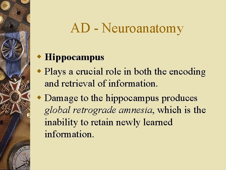 AD - Neuroanatomy w Hippocampus w Plays a crucial role in both the encoding