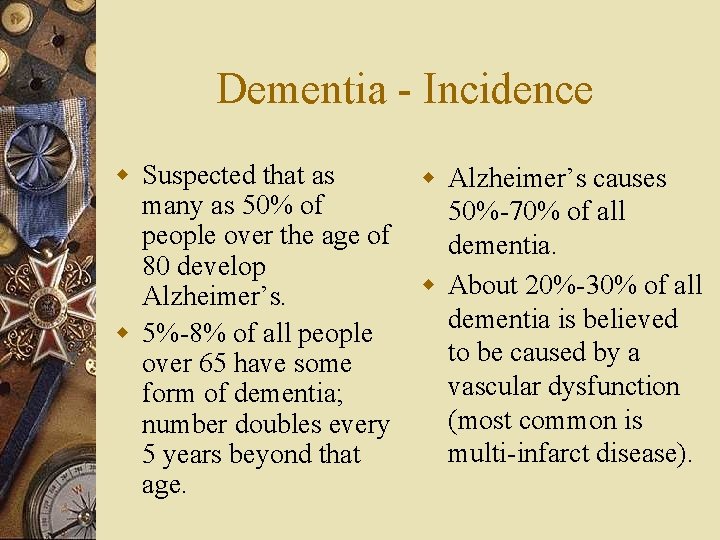 Dementia - Incidence w Suspected that as many as 50% of people over the
