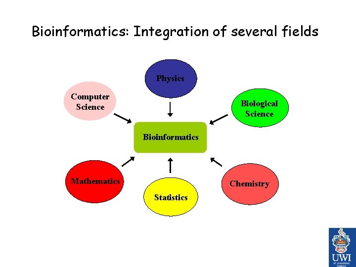 Bioinformatics: Integration of several fields Physics Computer Science Biological Science Bioinformatics Mathematics Chemistry Statistics