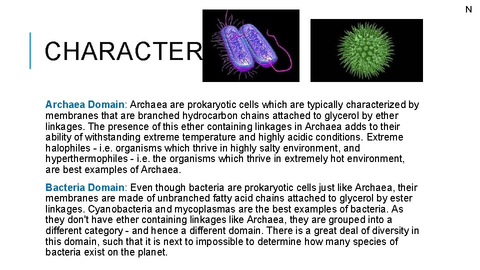 N CHARACTERISTICS Archaea Domain: Archaea are prokaryotic cells which are typically characterized by membranes