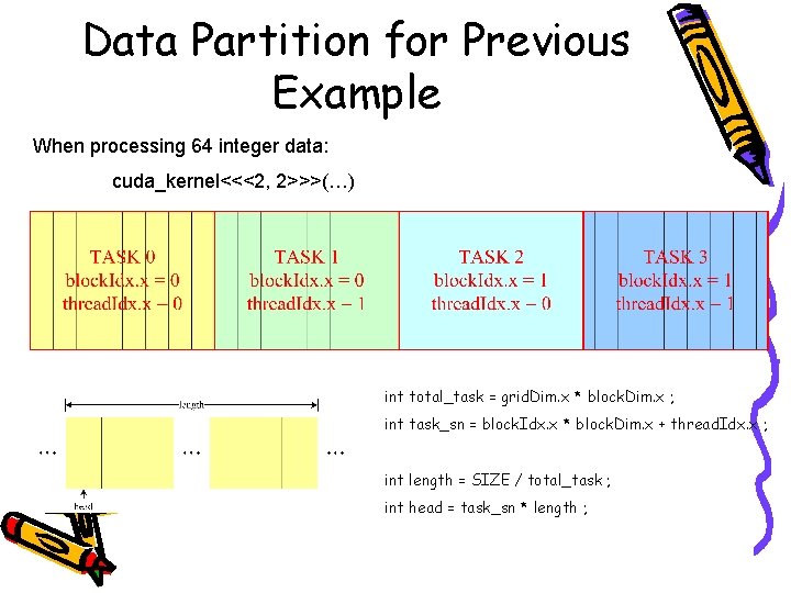 Data Partition for Previous Example When processing 64 integer data: cuda_kernel<<<2, 2>>>(…) int total_task