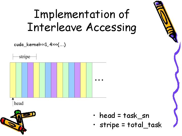 Implementation of Interleave Accessing cuda_kernel<<<1, 4>>>(…) • head = task_sn • stripe = total_task
