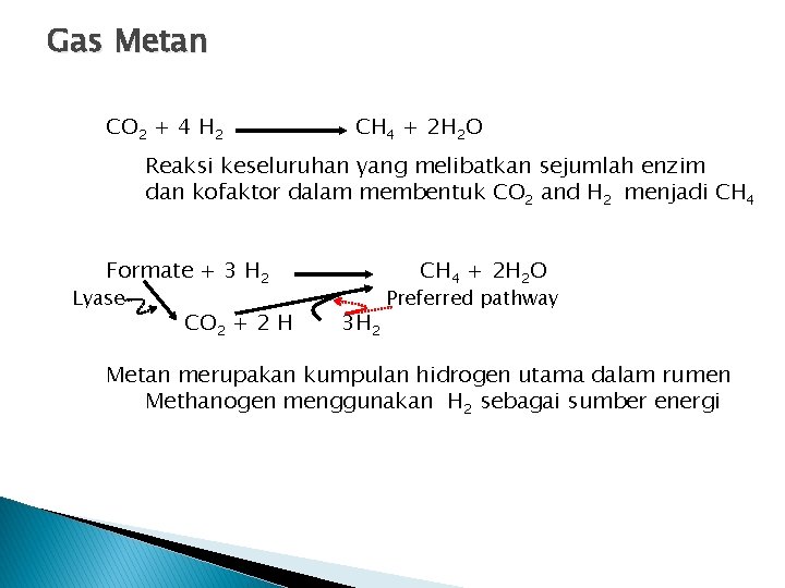 Gas Metan CO 2 + 4 H 2 CH 4 + 2 H 2