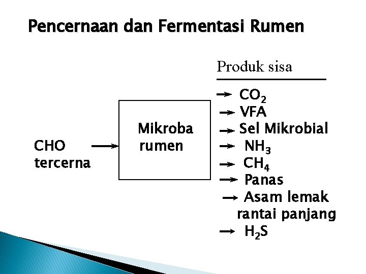 Pencernaan dan Fermentasi Rumen Produk sisa CHO tercerna Mikroba rumen CO 2 VFA Sel
