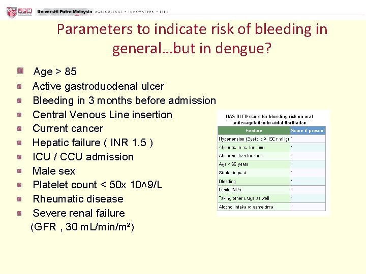 Parameters to indicate risk of bleeding in general…but in dengue? Age > 85 Active