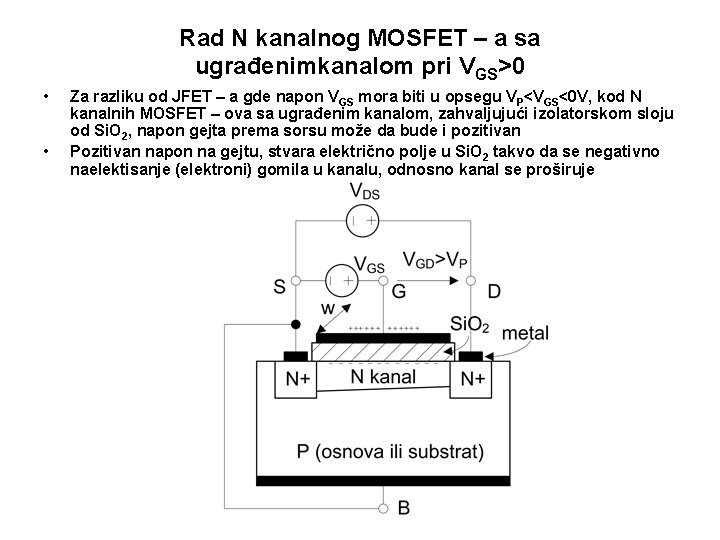 Rad N kanalnog MOSFET – a sa ugrađenimkanalom pri VGS>0 • • Za razliku