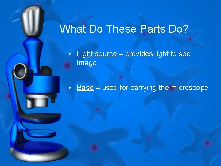 What Do These Parts Do? • Light source – provides light to see image