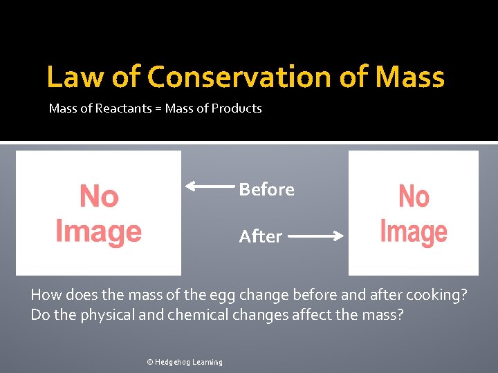 Law of Conservation of Mass of Reactants = Mass of Products Before After How