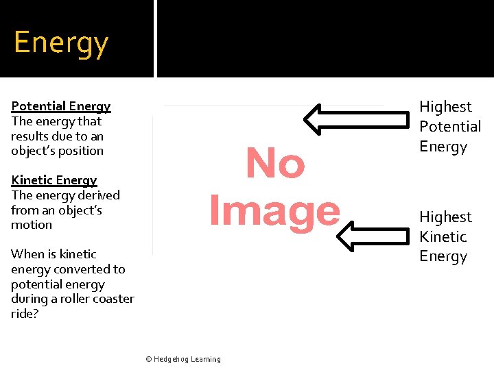 Energy Highest Potential Energy The energy that results due to an object’s position Kinetic