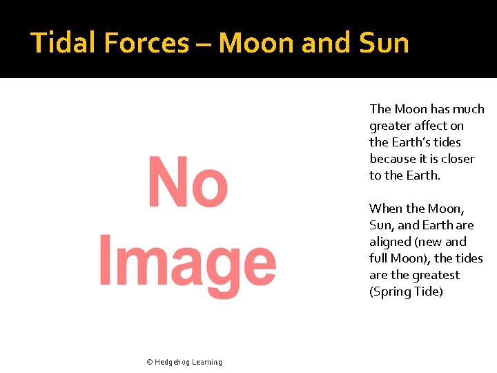 Tidal Forces – Moon and Sun The Moon has much greater affect on the