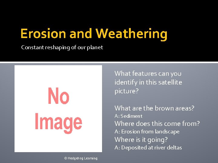 Erosion and Weathering Constant reshaping of our planet What features can you identify in