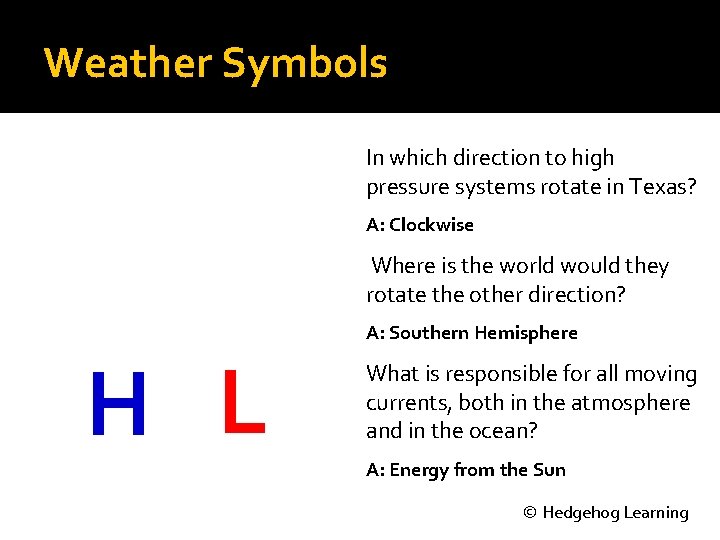 Weather Symbols In which direction to high pressure systems rotate in Texas? A: Clockwise