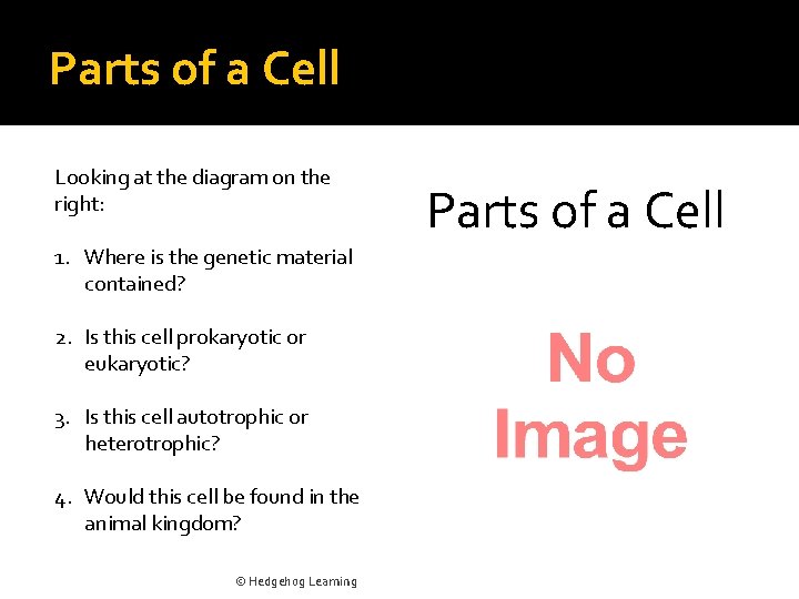 Parts of a Cell Looking at the diagram on the right: 1. Where is