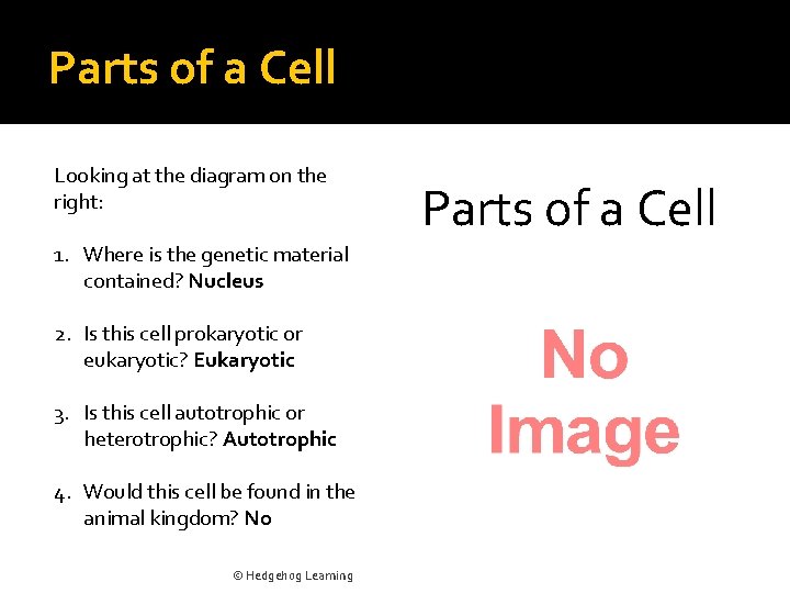 Parts of a Cell Looking at the diagram on the right: 1. Where is
