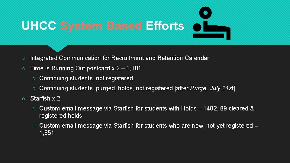 UHCC System Based Efforts ○ Integrated Communication for Recruitment and Retention Calendar ○ Time