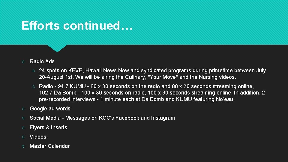 Efforts continued… ○ Radio Ads ○ 24 spots on KFVE, Hawaii News Now and