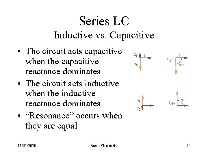 Series LC Inductive vs. Capacitive • The circuit acts capacitive when the capacitive reactance