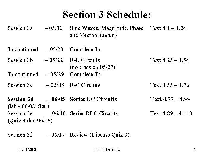 Section 3 Schedule: Session 3 a – 05/13 Sine Waves, Magnitude, Phase Text 4.