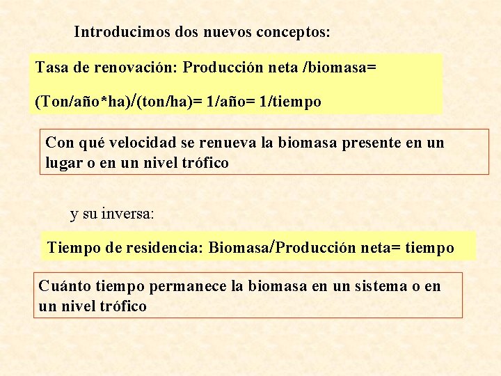 Introducimos dos nuevos conceptos: Tasa de renovación: Producción neta /biomasa= (Ton/año*ha)/(ton/ha)= 1/año= 1/tiempo Con