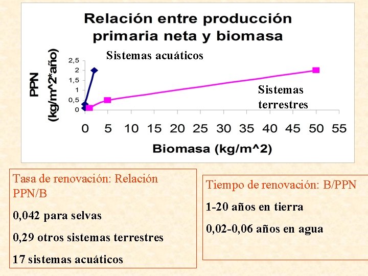 Sistemas acuáticos Sistemas terrestres Tasa de renovación: Relación PPN/B 0, 042 para selvas 0,