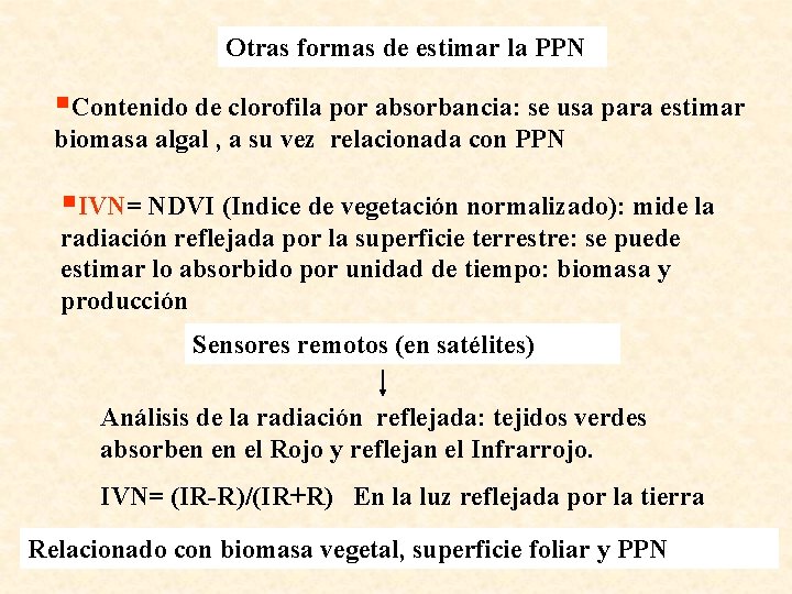 Otras formas de estimar la PPN §Contenido de clorofila por absorbancia: se usa para