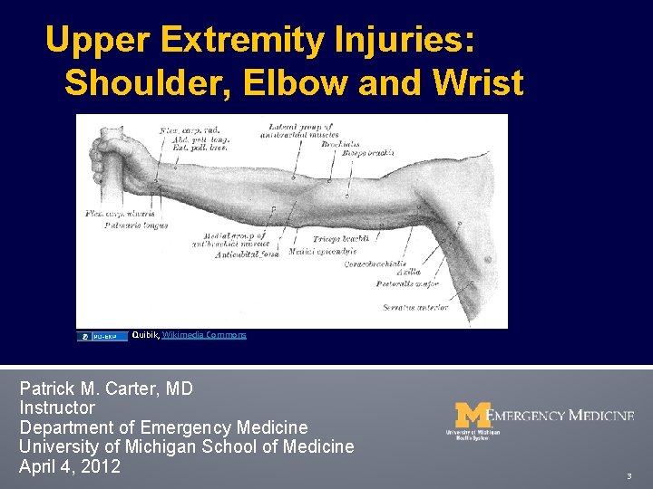 Upper Extremity Injuries: Shoulder, Elbow and Wrist Quibik, Wikimedia Commons Patrick M. Carter, MD Upper Extremity Injuries: Shoulder, Elbow and Wrist Quibik, Wikimedia Commons Patrick M. Carter, MD