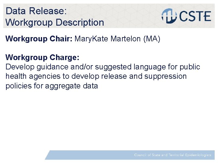 Data Release: Workgroup Description Workgroup Chair: Mary. Kate Martelon (MA) Workgroup Charge: Develop guidance