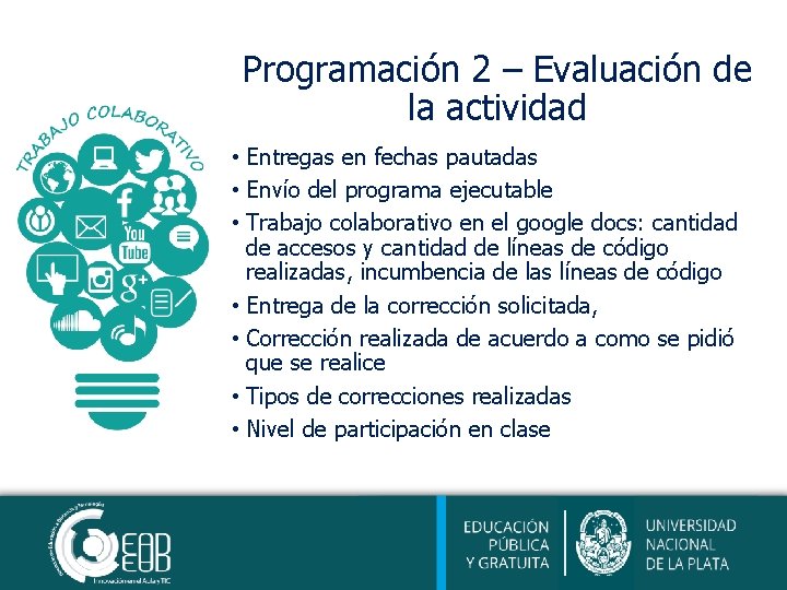 Programación 2 – Evaluación de la actividad • Entregas en fechas pautadas • Envío