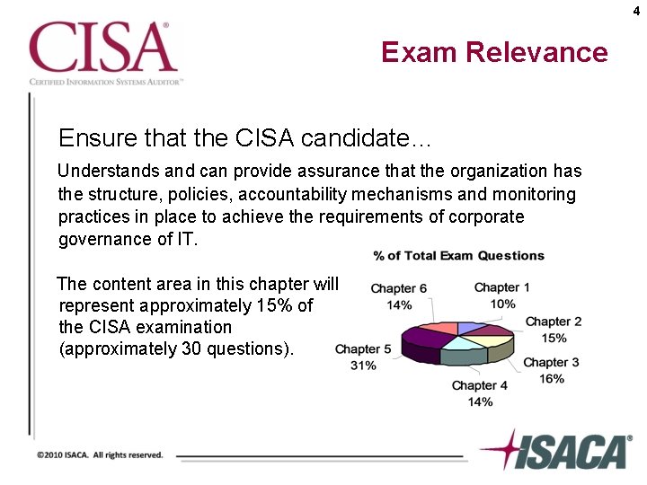 4 Exam Relevance Ensure that the CISA candidate… Understands and can provide assurance that