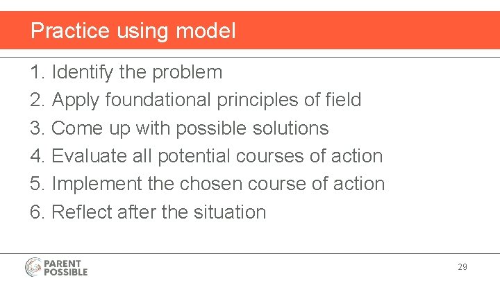 Practice using model 1. Identify the problem 2. Apply foundational principles of field 3.